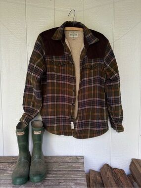 Field & Stream Olive and Brown Plaid Sherpa-Lined Utility Jacket
